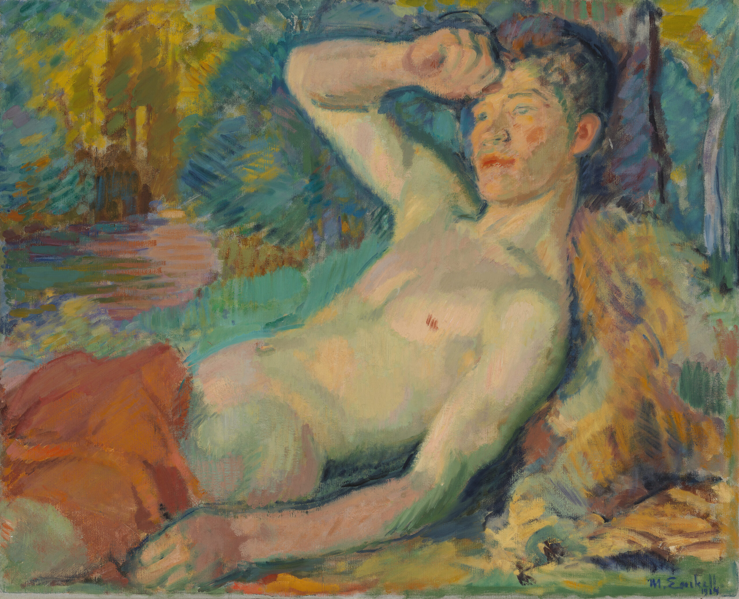 Värikäs maalaus nuoresta henkilöstä, joka makaa yläruumis paljaana ja nostaa kätensä otsalleen.