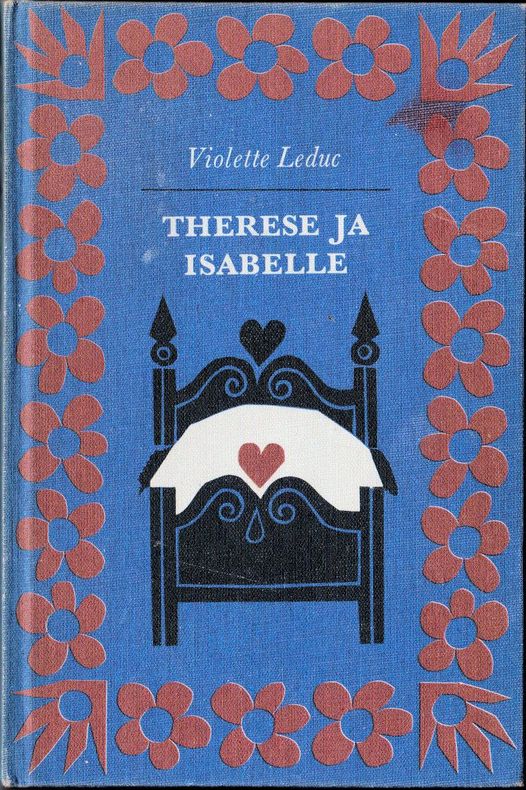 Pärmen på Violette Leducs bok Thérèse et Isabelle. En enkelt ritad säng med ett hjärta på syns mot blå bakgrund.