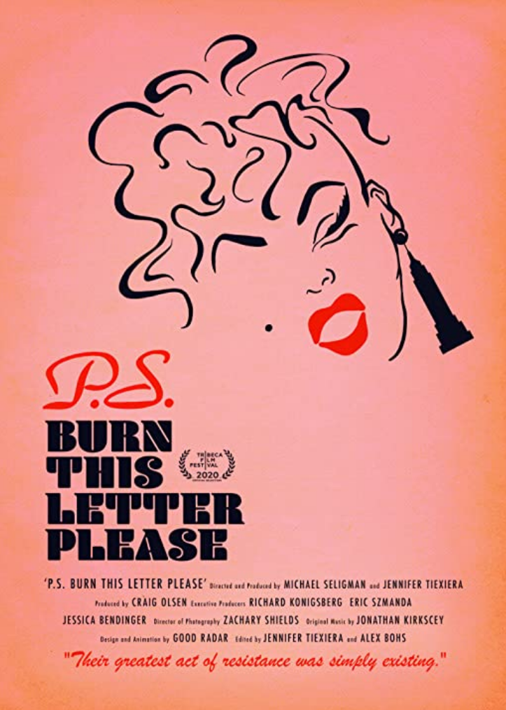 Elokuvan kansikuva. Vaaleanpunaisella taustalla tyylitelty piirros drag-queenista ja teksti P.S. Burn This Letter Please.