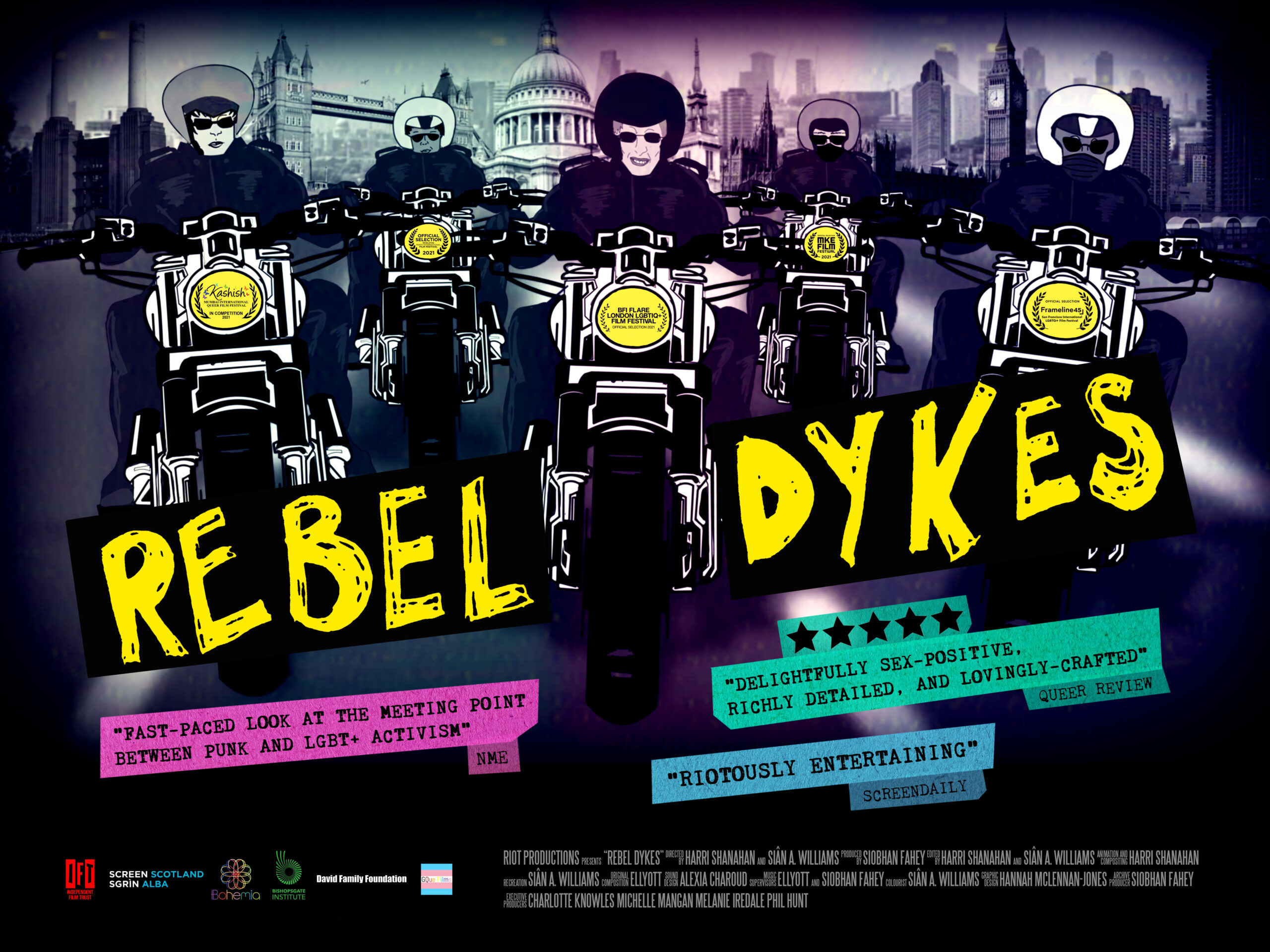 Rebel Dykes -elokuvan juliste. Piirros moottoripyörällä ajavista hahmoista.