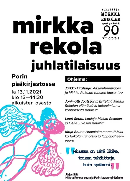 Mirkka Rekola -juhlatilaisuuden mainosjuliste.