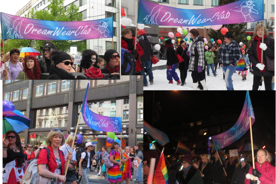 Dreamwear Clubin aktivisteja marssimassa eri pride-marsseissa. Ihmiset kantavat banderollia, jossa lukee Dreamwear Club ry.