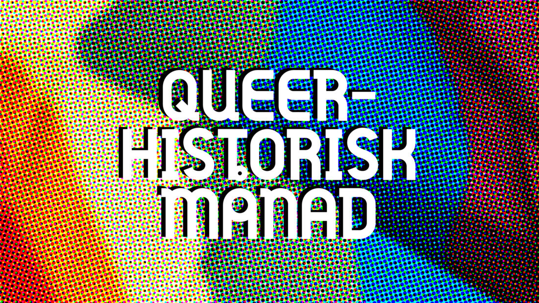Texten Queerhistorisk månad med en regnbågsflagga i bakgrunden
