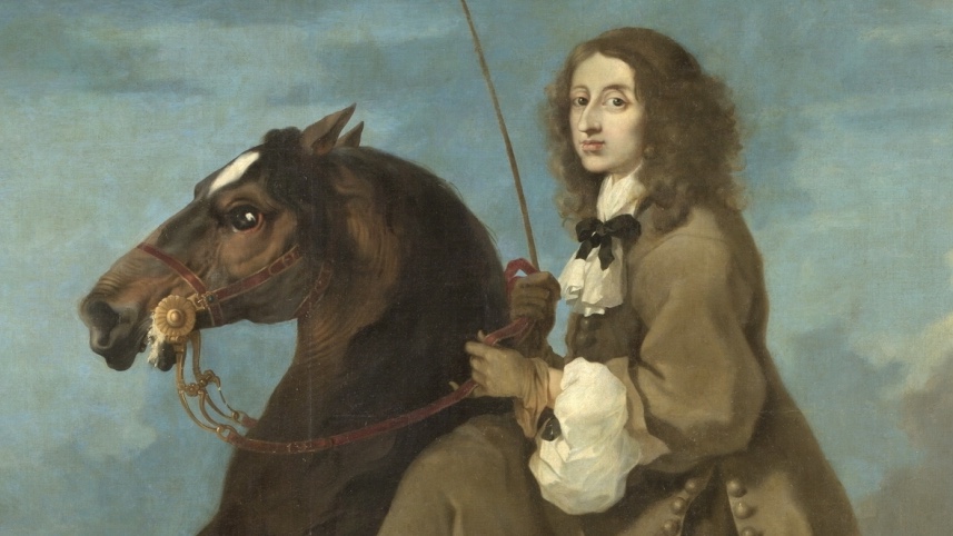 Maalaus kuningatar Kristiinasta hevosen selässä.