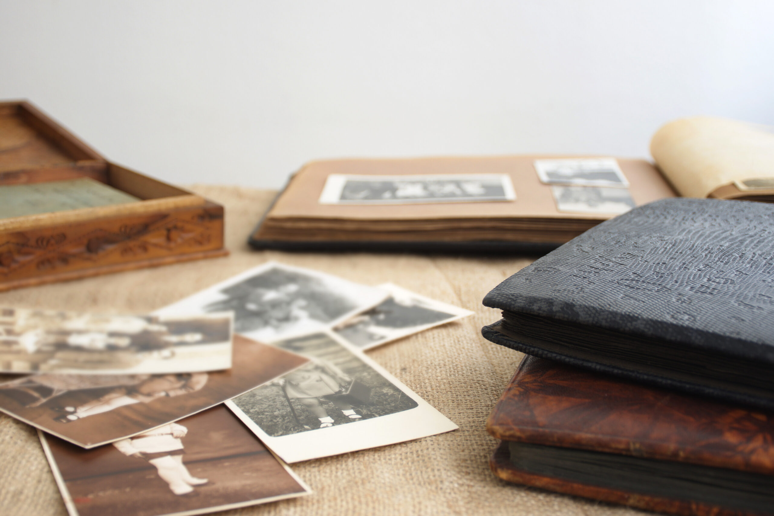 Vanhoja valokuva-albumeita, joissa on mustavalkoisia ja seepiansävyisiä kuvia.