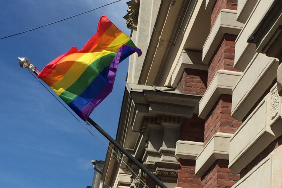 Sateenkaarilippu liehuu, taustalla näkyy sininen taivas ja SKS:n rakennuksen seinä.