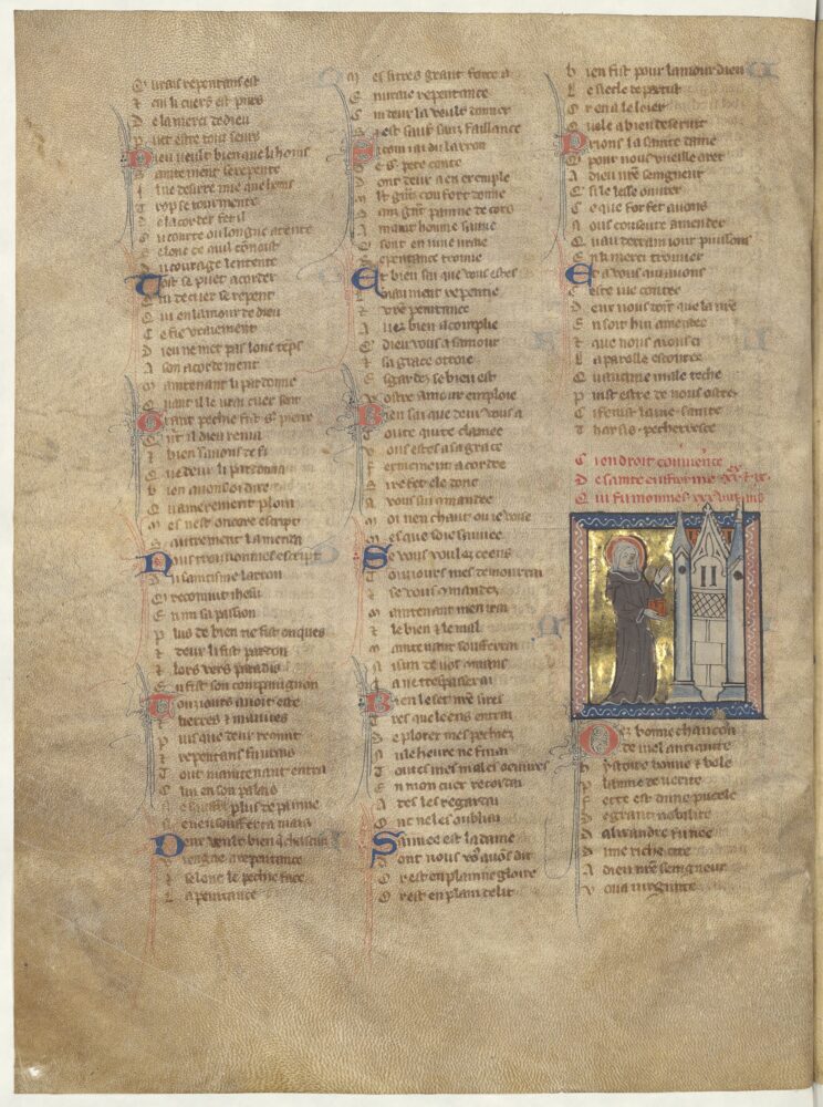 1300-luvulla käsin pergamentille kopioitu kuvitettu käsikirjoitus, jossa on kuva henkilöstä munkinkaavussa ja huntu yllään uskonnollisen rakennuksen luona. Ympärillä on latinankielistä tekstiä.