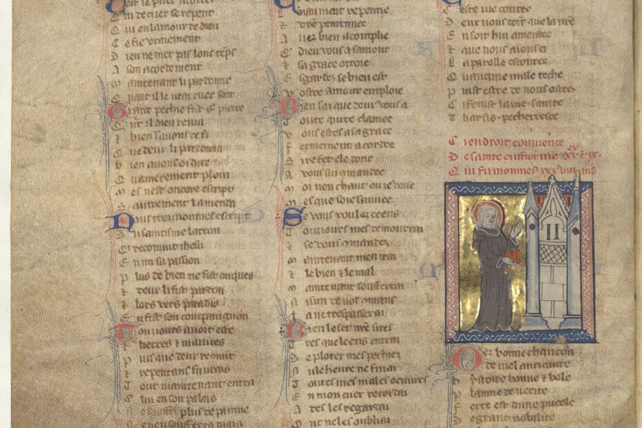 1300-luvulla käsin pergamentille kopioitu kuvitettu käsikirjoitus, jossa on kuva henkilöstä munkinkaavussa ja huntu yllään uskonnollisen rakennuksen luona. Ympärillä on latinankielistä tekstiä.